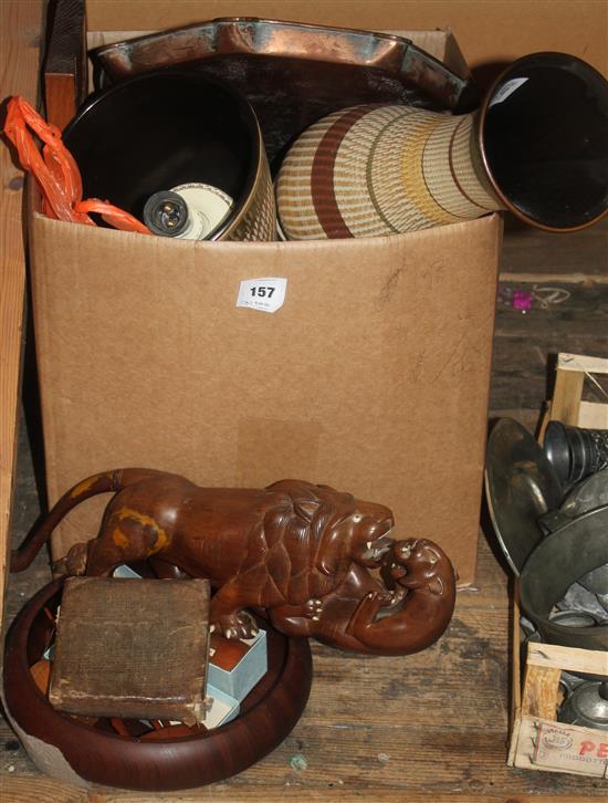 Keswick style copper tray & mixed sundries & leather bound 1807 leather dictionary(-)